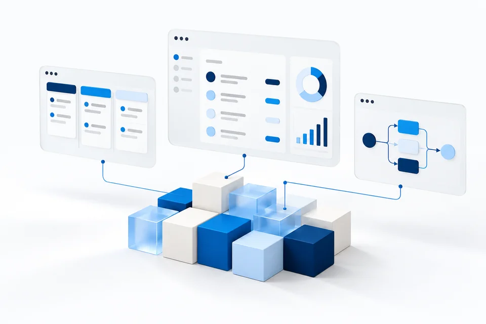 Illustration of organized software panels and modular business tools.
