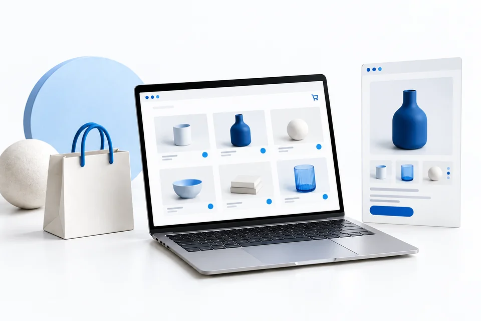 Illustration of a business storefront on a laptop with a shopping bag.